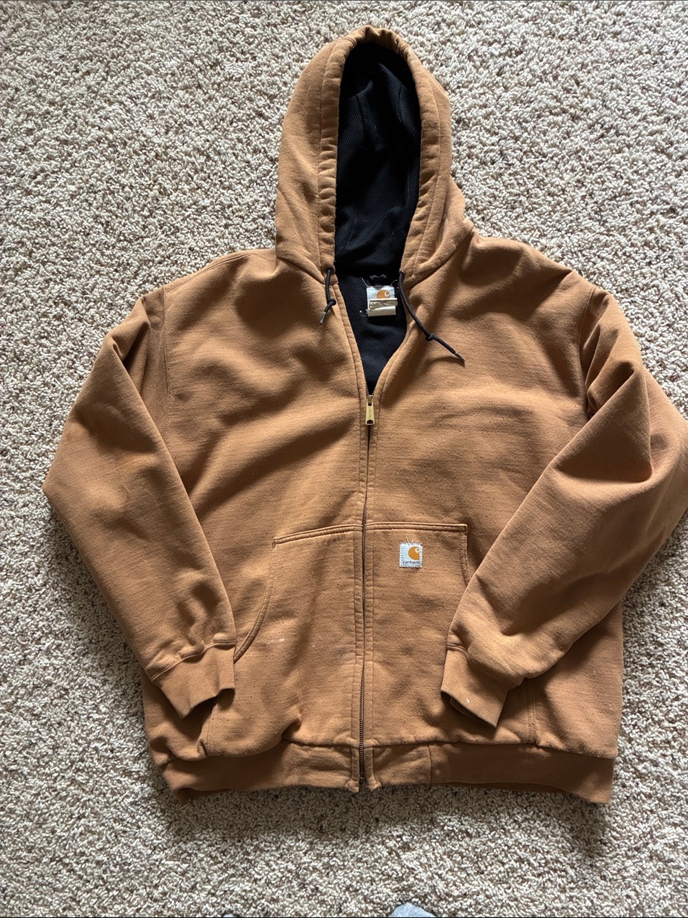 Carhartt Men’s Tan Zip-Up Hooded Work Jacket with Black Lining